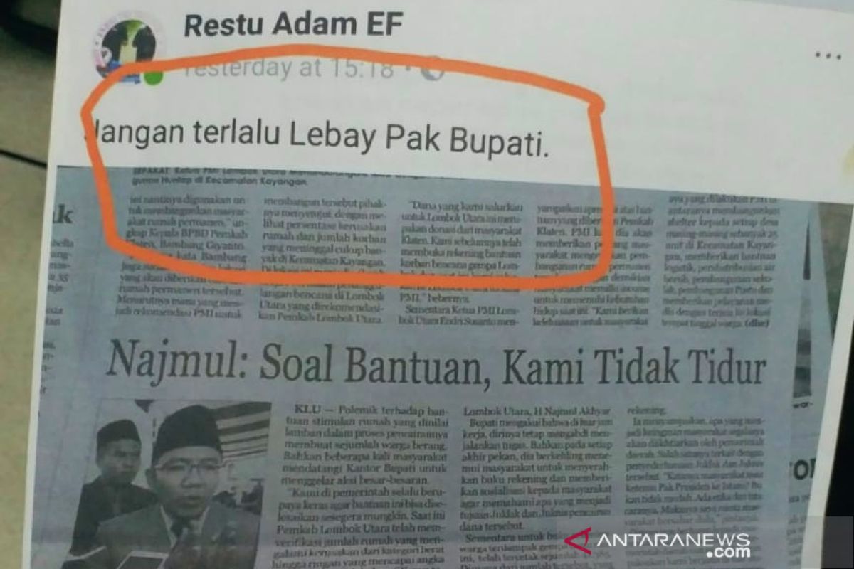 Bupati Lombok Utara laporkan pegiat sosial karena status facebook