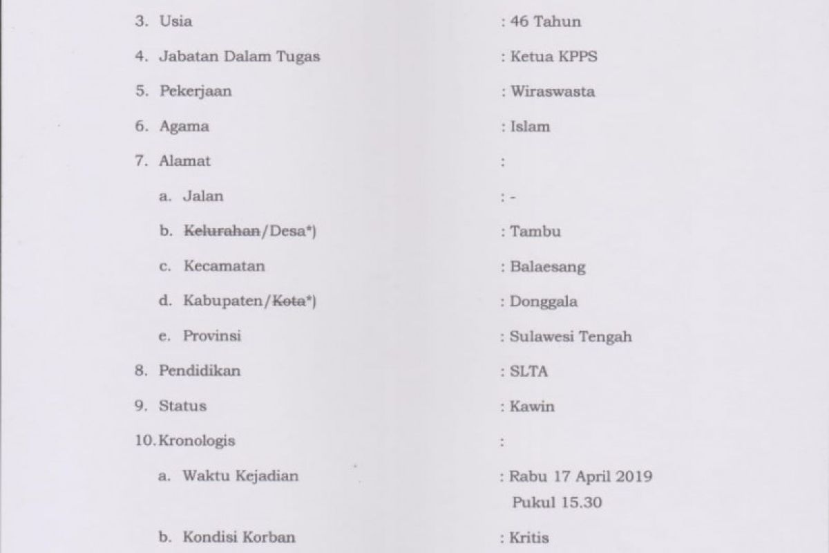 Seorang petugas KPPS di Donggala-Sulteng meninggal dunia