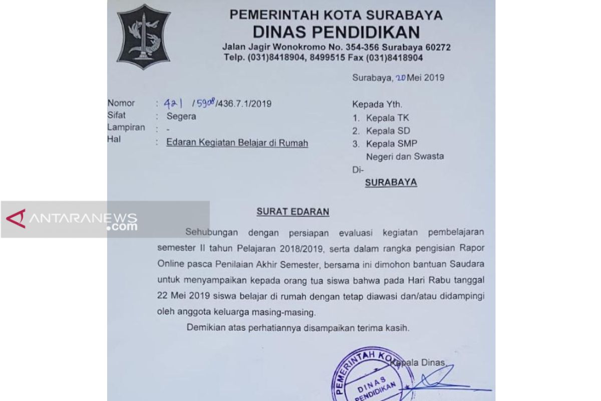 Sekolah di Surabaya  diliburkan pada 22 Mei