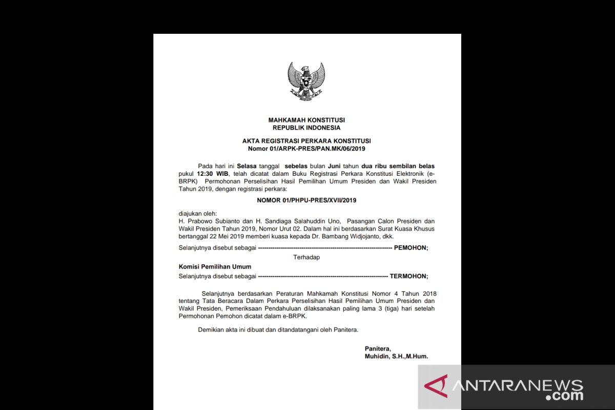 Permohonan Prabowo-Sandi sudah teregistrasi MK