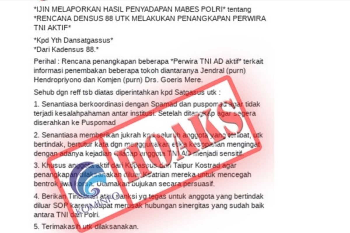 Hoaks, informasi rencana penangkapan perwira aktif TNI oleh Densus 88