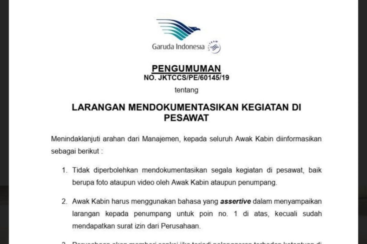 Larangan memotret di pesawat Garuda diganti dengan imbauan