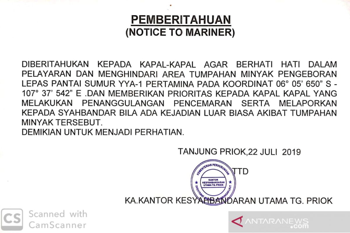 Ini isi Notam Kemenhub terkait tumpahan minyak di Pantai Utara Jawa