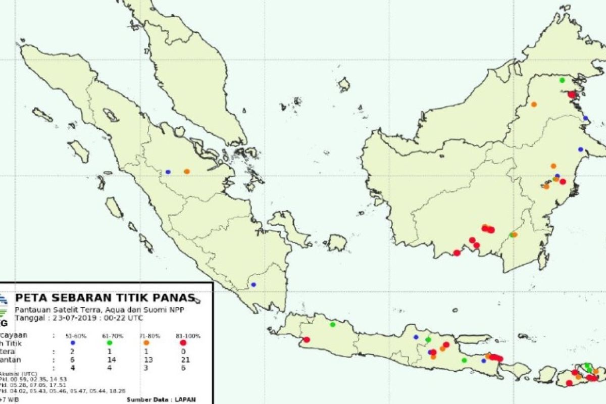 Peta sebaran titik panas, Rabu (24/7) Jambi nihil