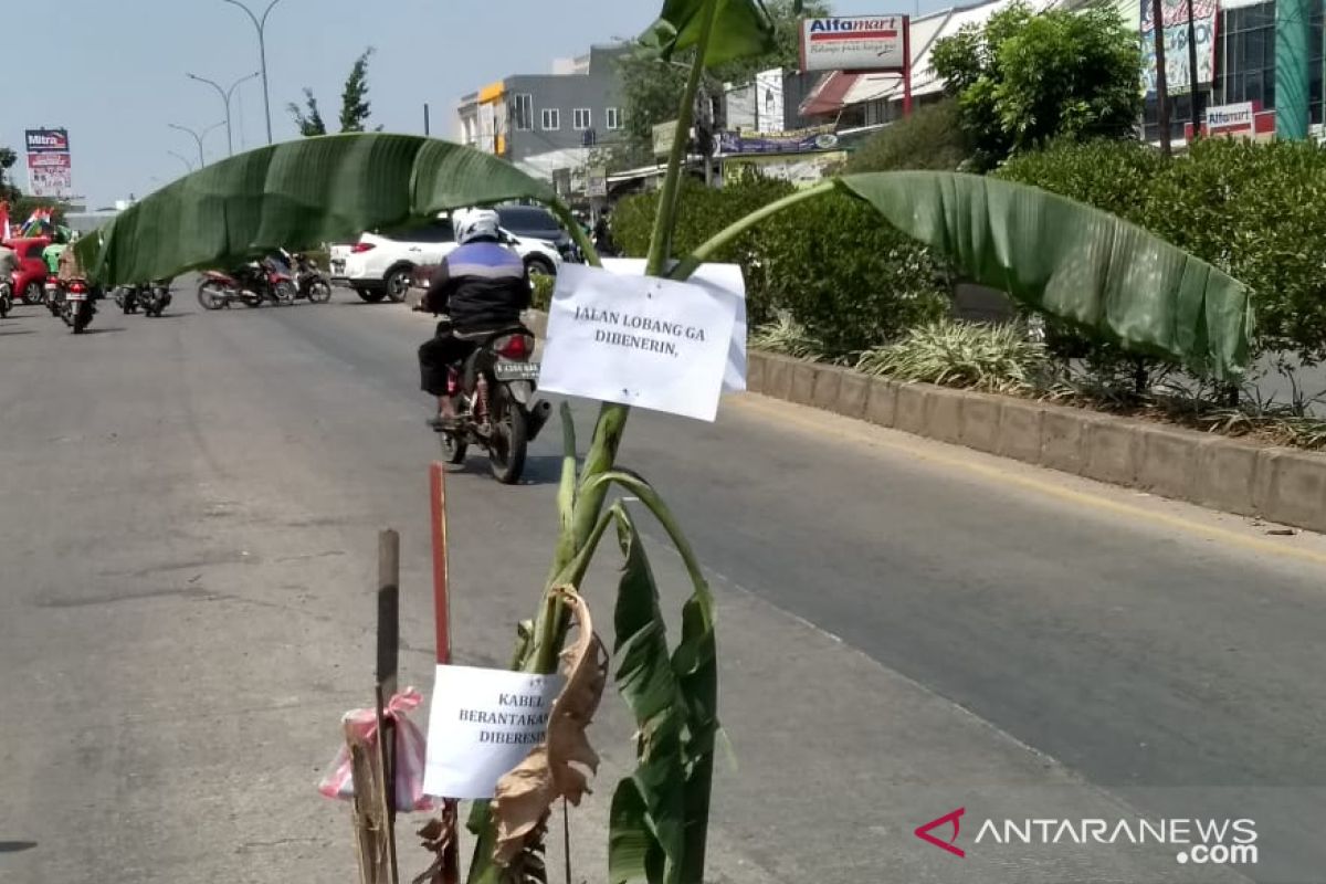 Warga tanami lubang  di Jalan Raya Siliwangi Tangsel dengan pohon pisang