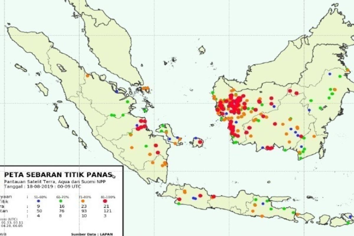 Peta sebaran titik panas di wilayah Sumatera