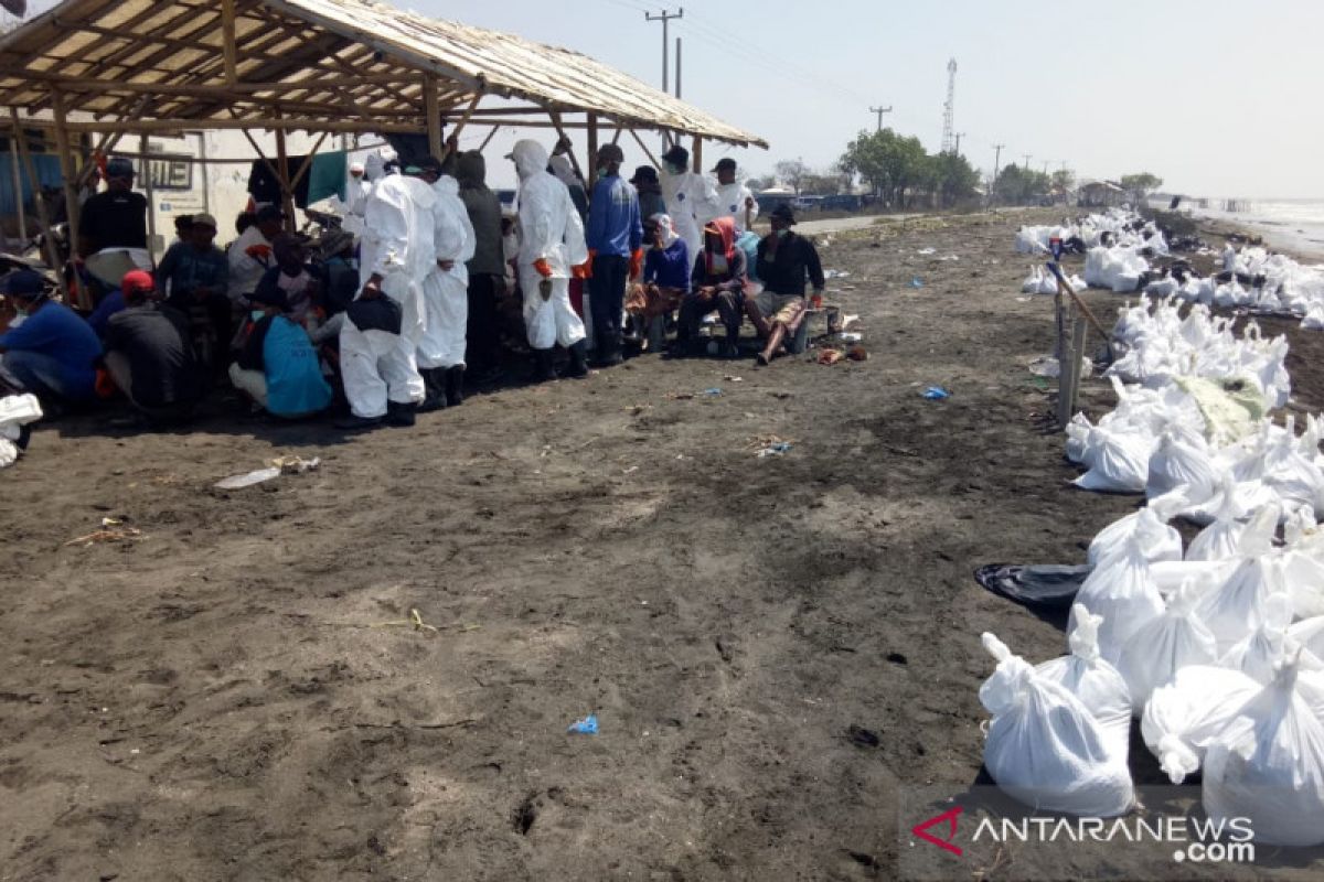 Limbah minyak mentah masih mengotori area bibir pantai Karawang