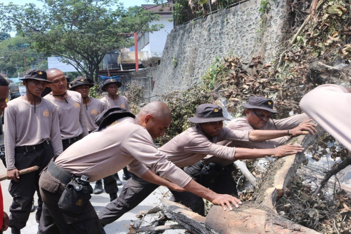 Papua Terkini -Siswa SPN Polda Papua kerja bakti bersihkan bekas demo