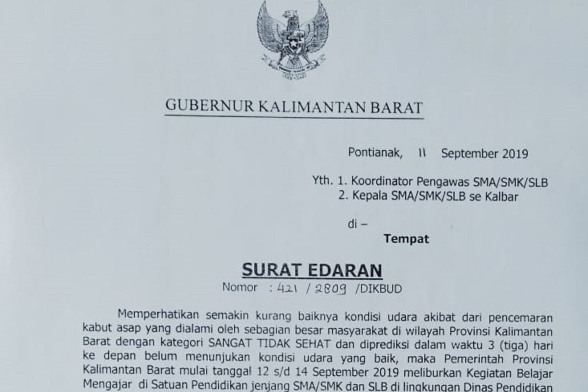 Pemprov Kalbar liburkan sekolah terkait asap