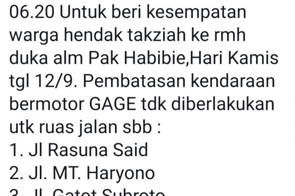 BJ Habibie wafat, tiga ruas jalan ganjil genap sementara distop