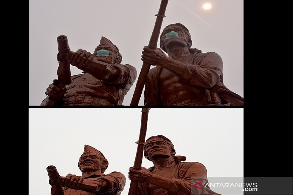 Sebelum Panglima TNI melintas di Monumen Tugu Api, masker di patung dilucuti