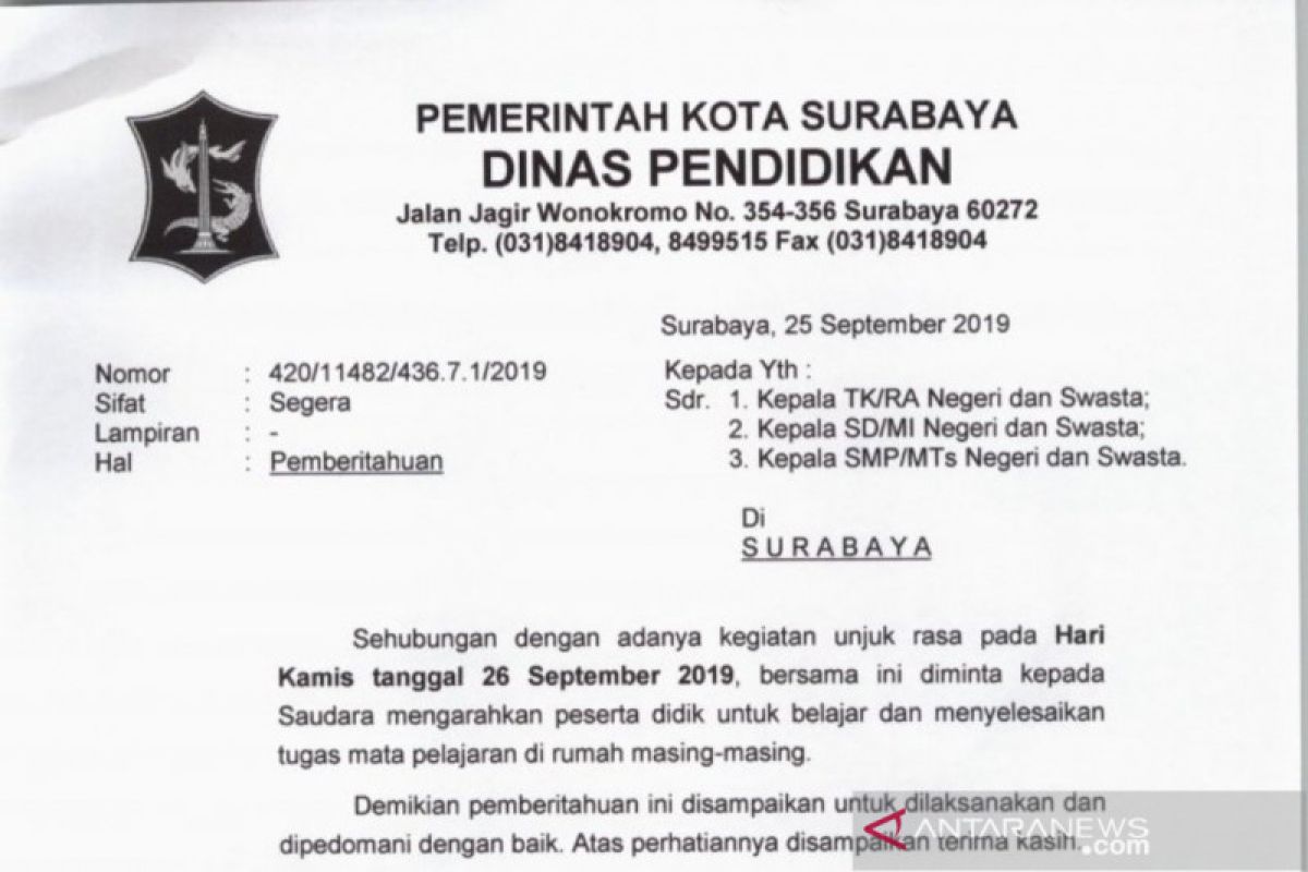 Antisipasi demonstrasi di Surabaya, pemkot liburkan siswa sekolah