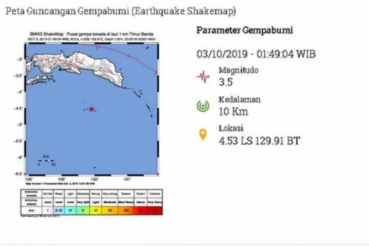Gempa magnitudo 3,5 terjadi di Timur Banda