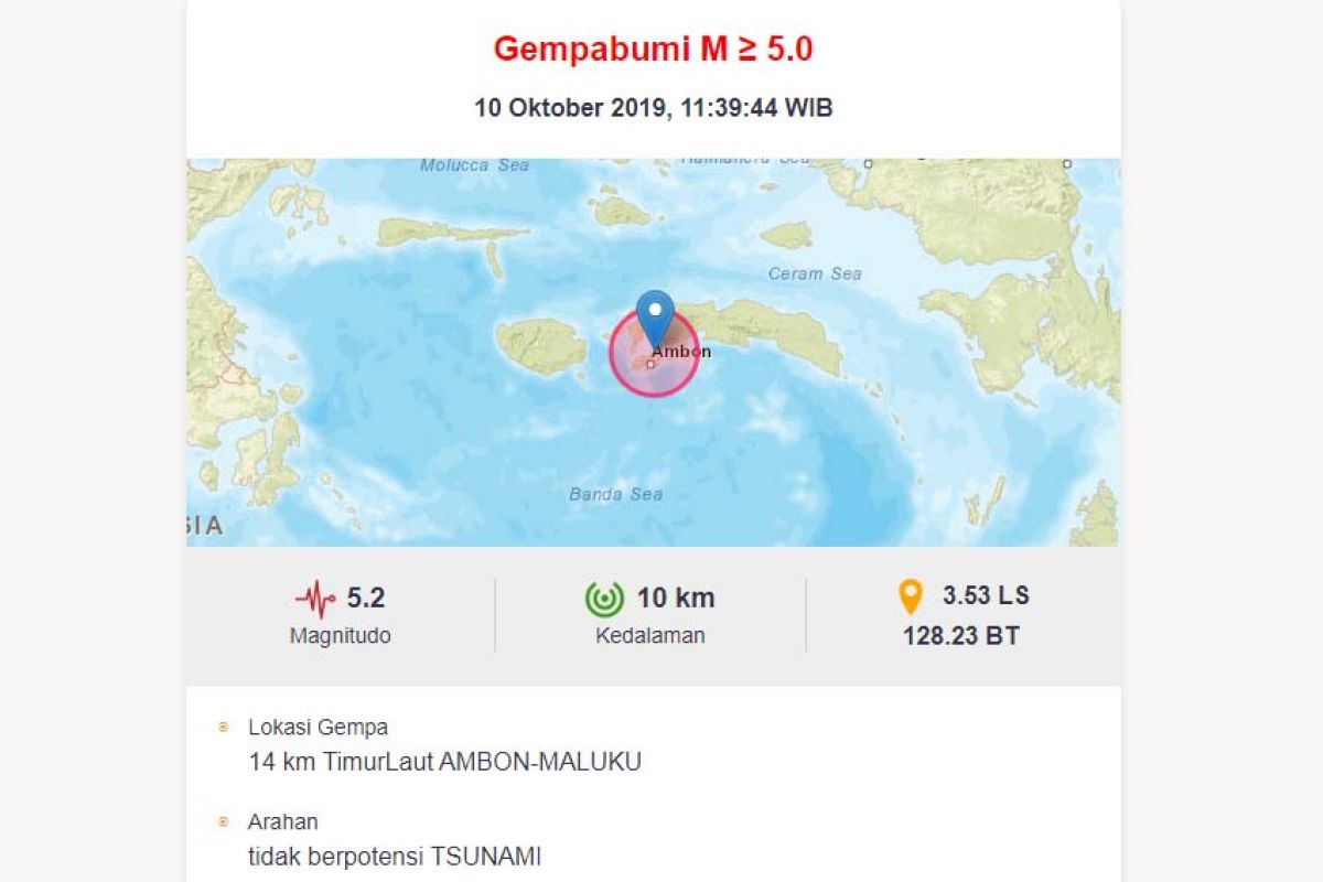 Gempa magnitudo 5,2 kembali guncang Ambon