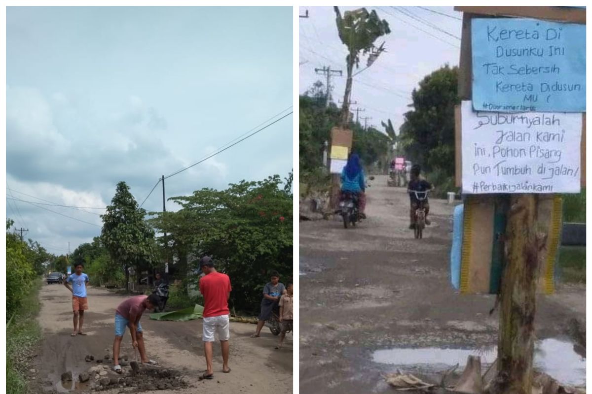 Warga Desa Banyumas Stabat Kabupaten Langkat tanam pohon di badan jalan