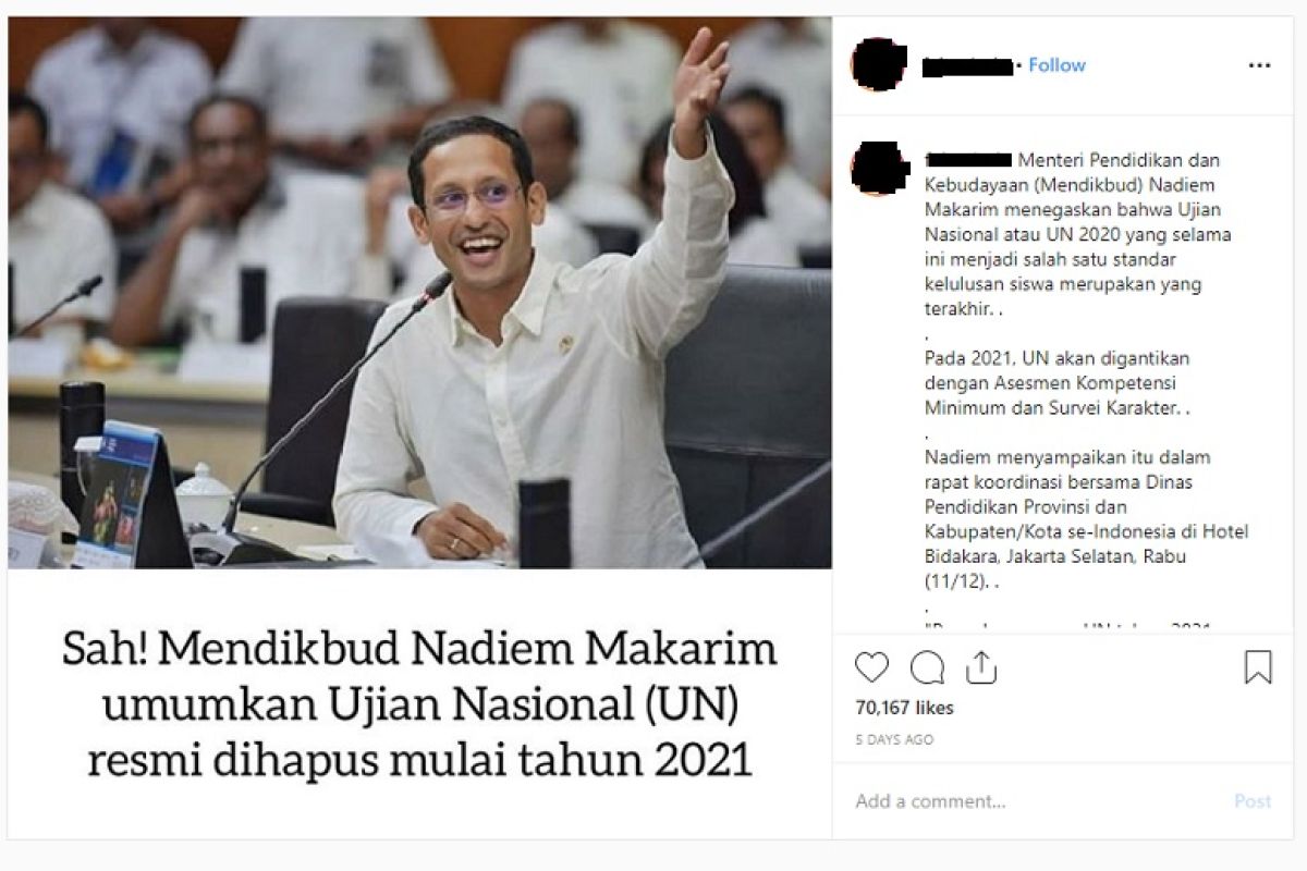 Mendikbud Nadiem Hapus Ujian Nasional Mulai 2021, Benarkah? - ANTARA News