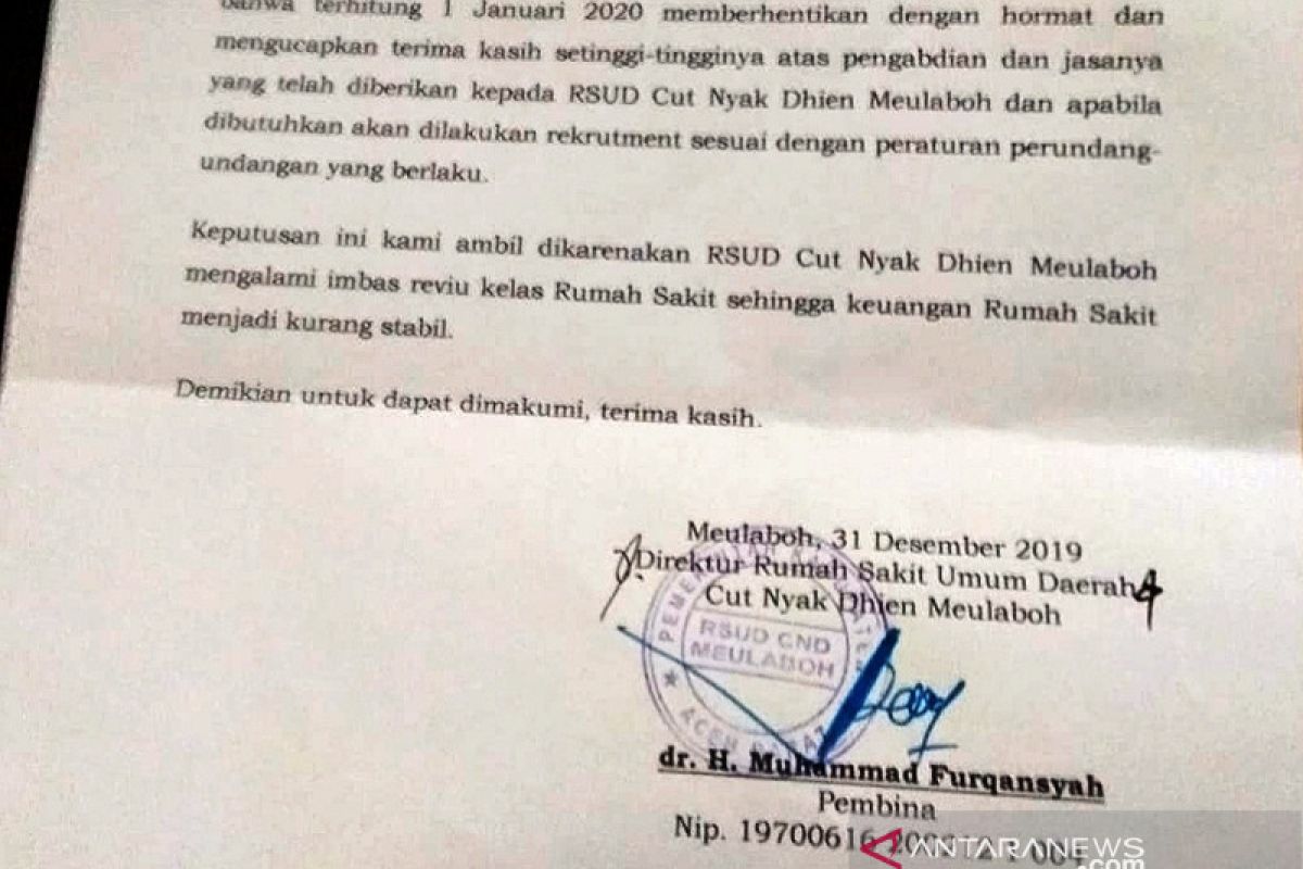 Turun kelas, pihak RSUD Meulaboh berhentikan ratusan tenaga medis berstatus honor