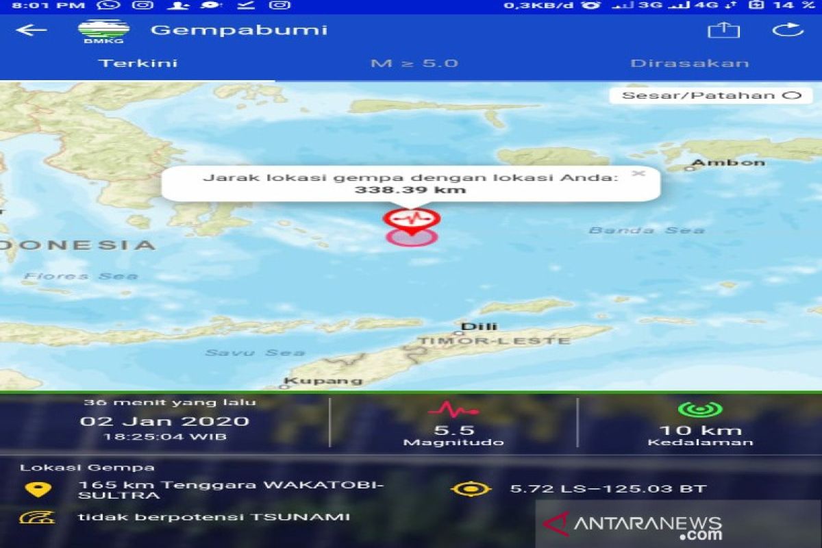 Gempa magnitudo 5,5 di Laut Banda