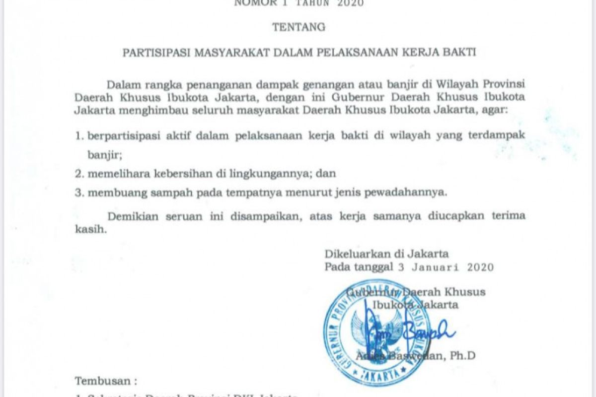 Gubernur DKI keluarkan seruan kerja bakti bagi warga Jakarta