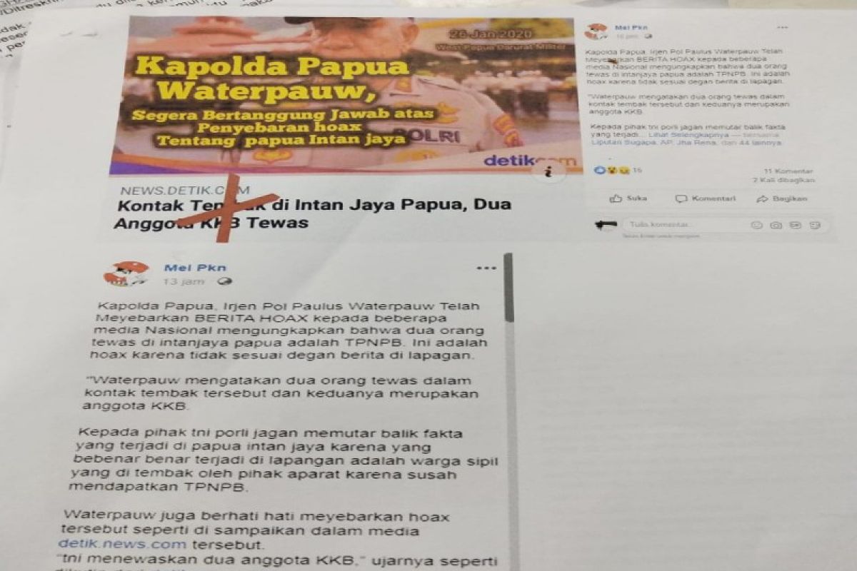 Polisi tangkap  pemilik akun FB terkait "berita Kapolda Papua hoaks"