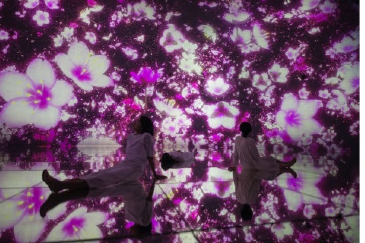 teamLab Planets, a “museum where you walk through water” in Tokyo, is transformed by cherry blossoms for a limited time this spring. On view from March 1, 2020.