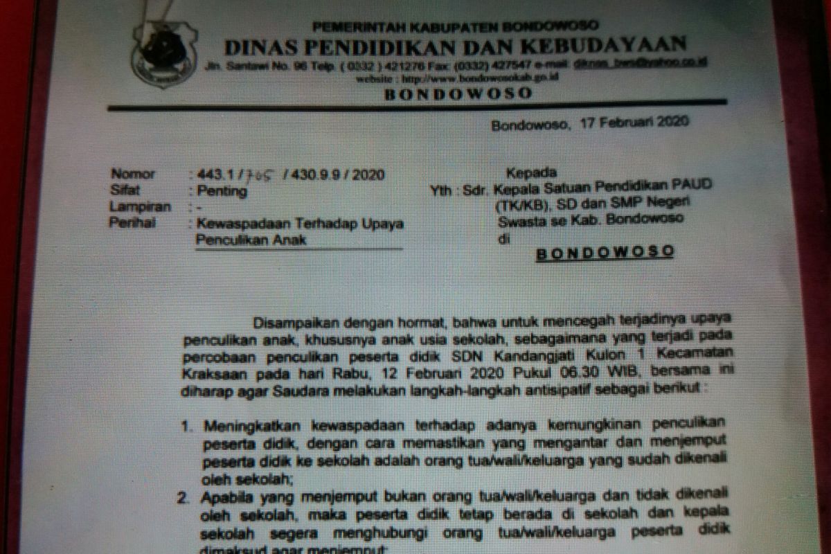 Dinas Pendidikan Bondowoso keluarkan surat edaran waspada penculikan anak