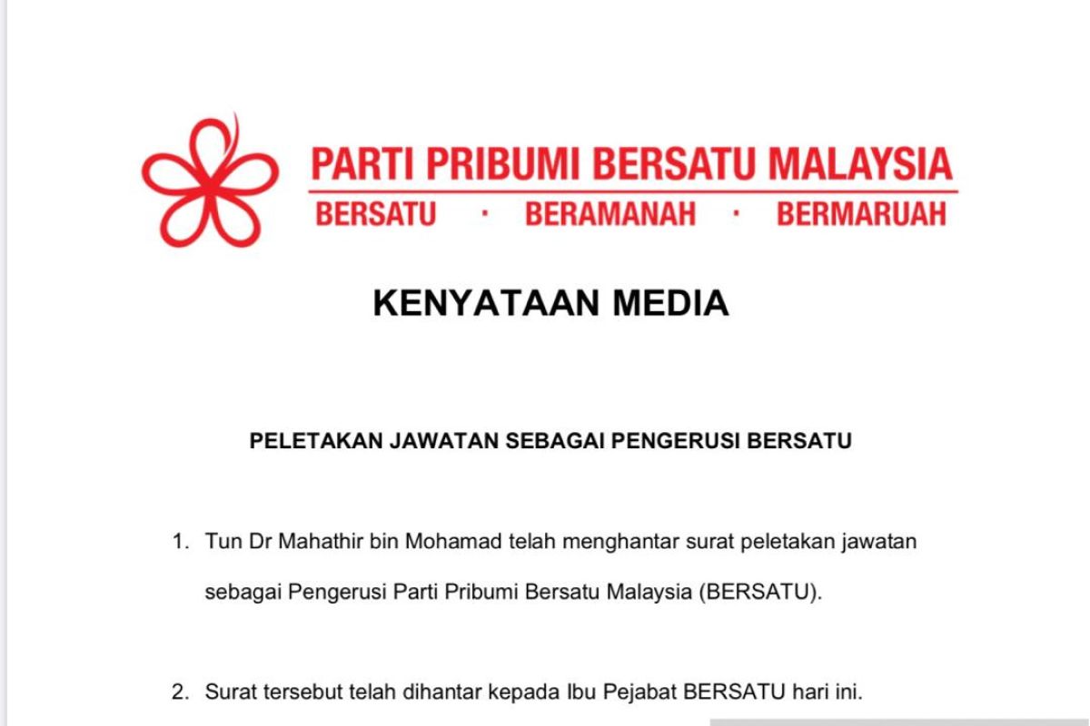 PM Mahathir mundur sebagai Ketua Partai Bersatu