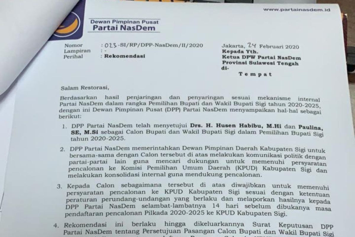 DPP NasDem setujui Husen-Paulina bertarung dalam Pilkada Sigi