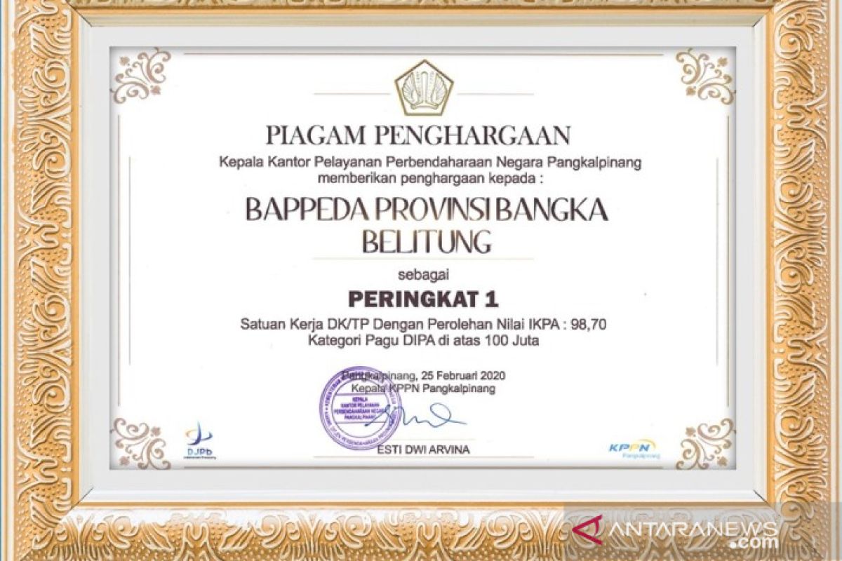Bappeda Babel terima penghargaan KPPN dengan nilai tertinggi IKPA