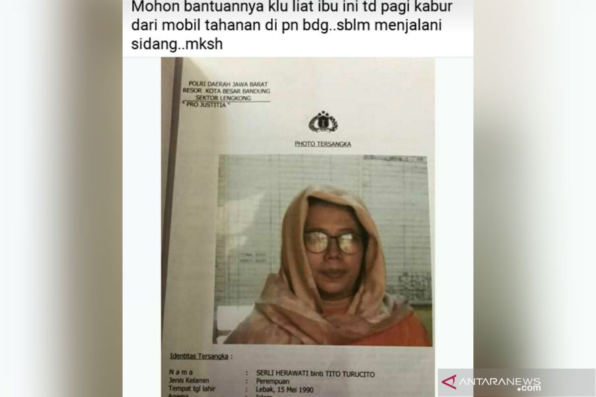 Seorang tahanan wanita di Bandung kabur saat hendak disidang