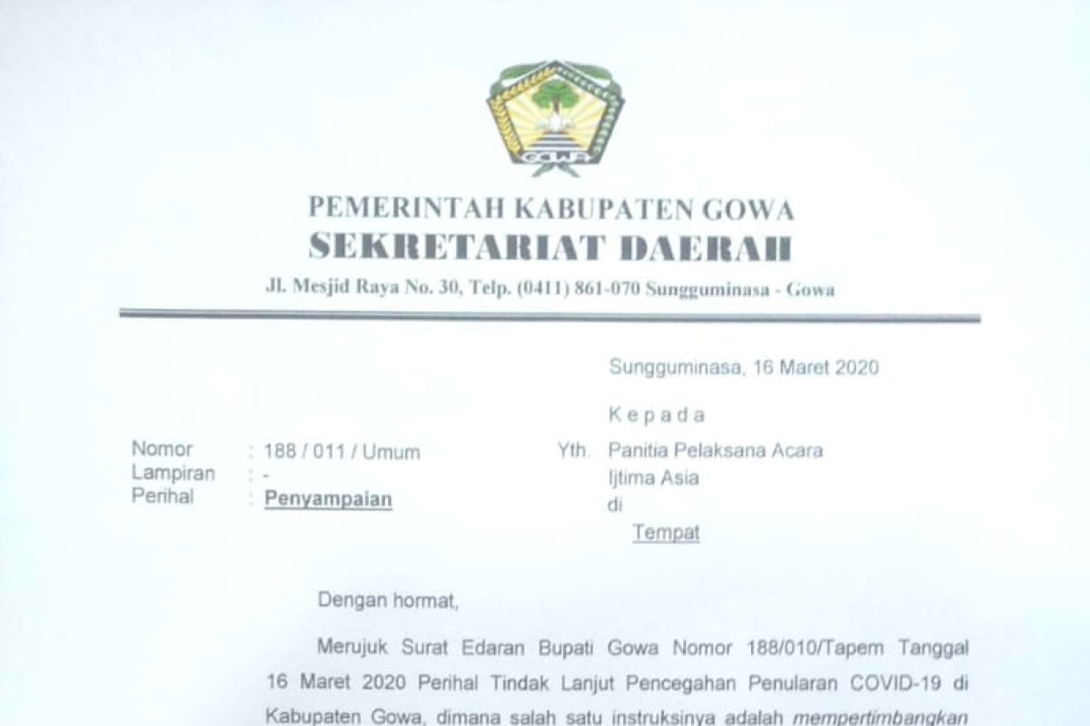 Gowa keluarkan surat penyampaian penundaan Ijtima Dunia