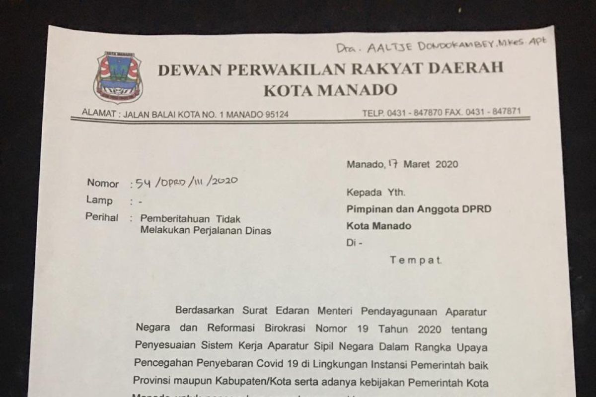 Ketua DPRD Manado larang Kunker dalam-luar negeri cegah penyebaran corona