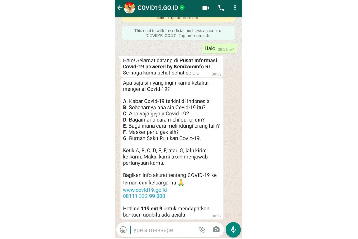 Nomor resmi hotline chatbot WhatsApp COVID-19