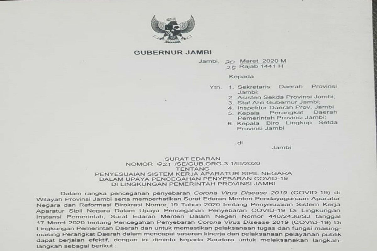 Cegah penyebaran COVID-19, Gubernur Jambi keluarkan surat edaran penyesuaian sistem kerja ASN