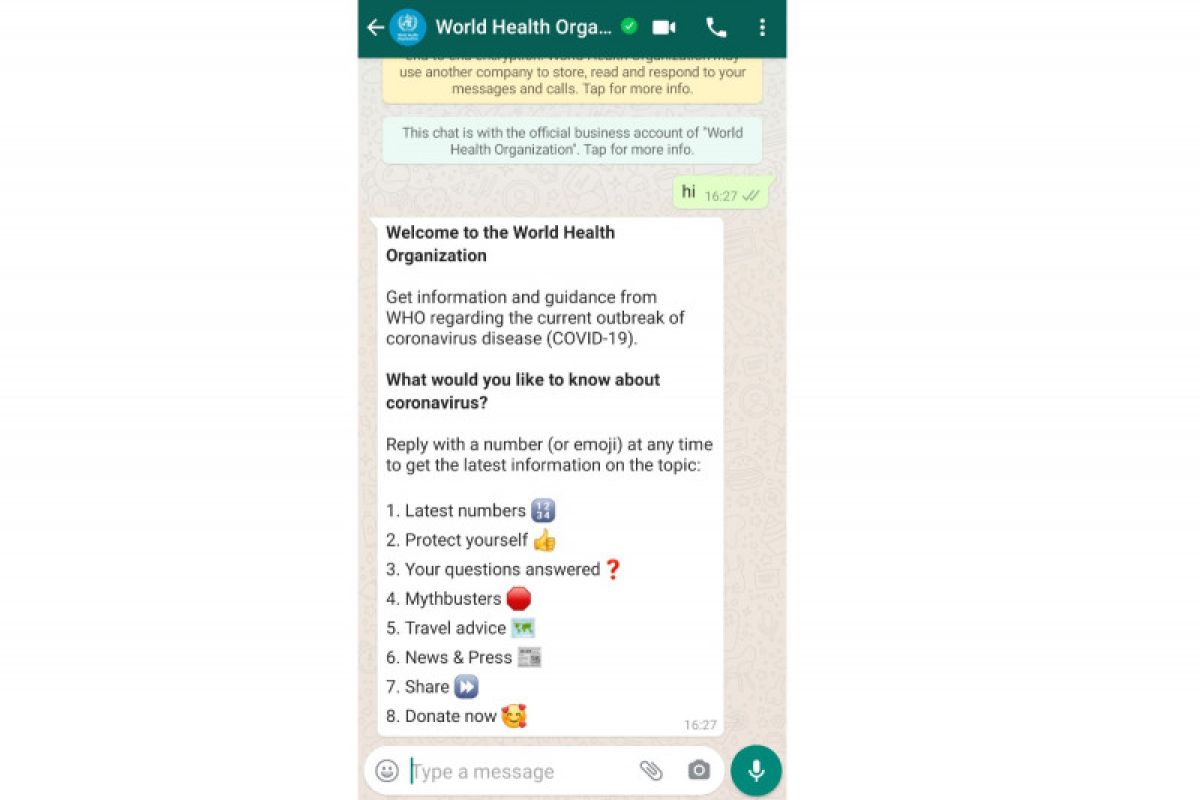 WhatsApp sediakan WHO Health Alert informasi virus corona