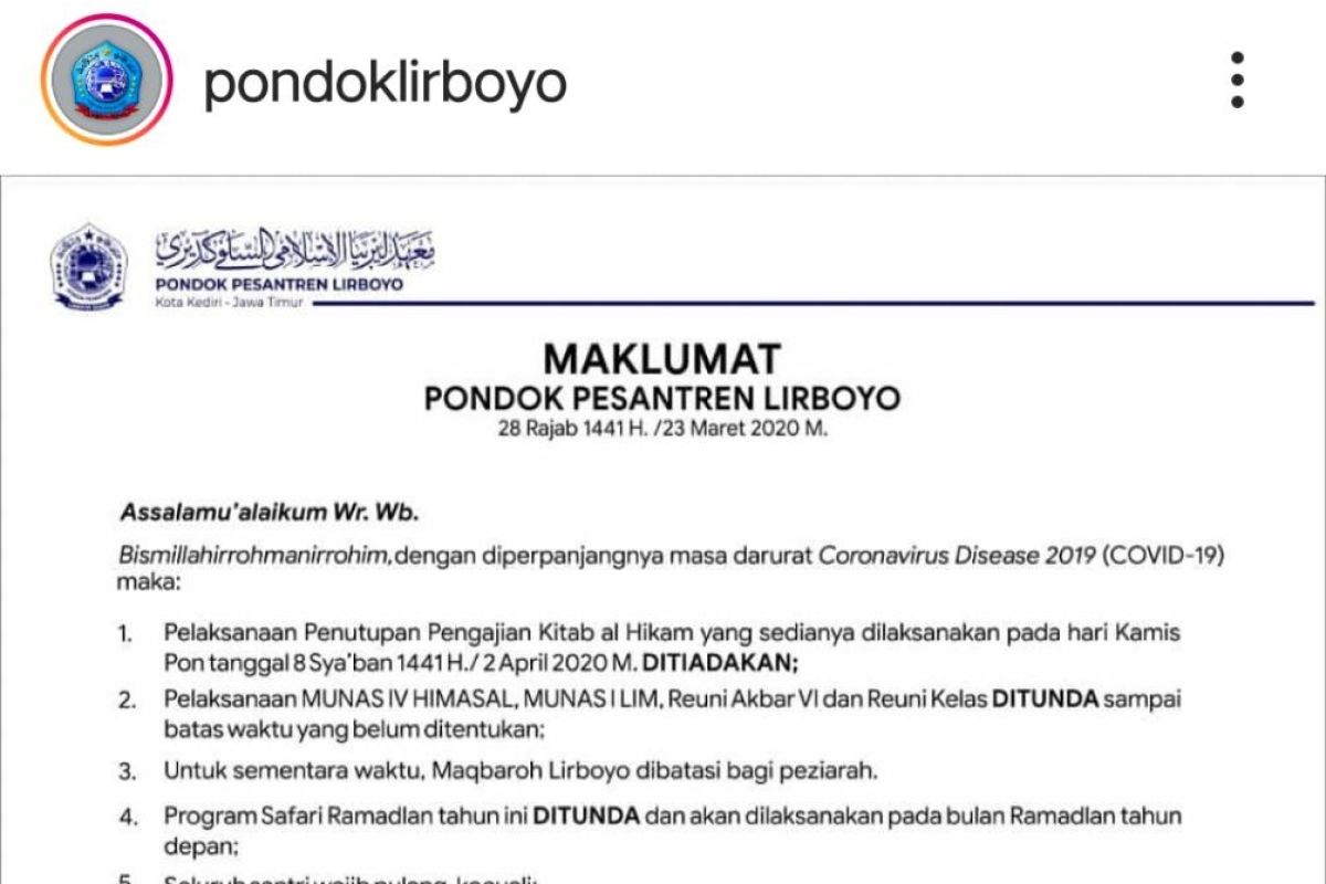 PP Lirboyo Kediri keluarkan maklumat cegah corona