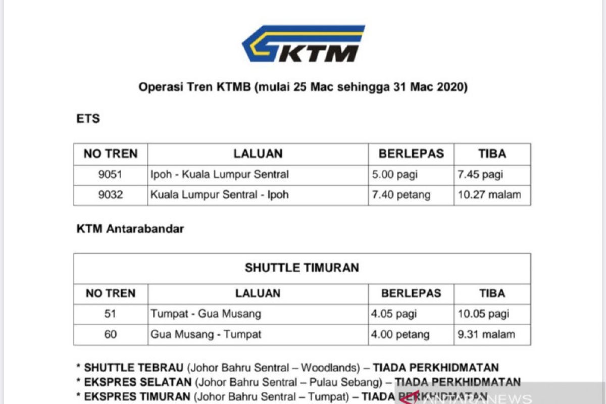 Malaysia hentikan beberapa layanan kereta komuter