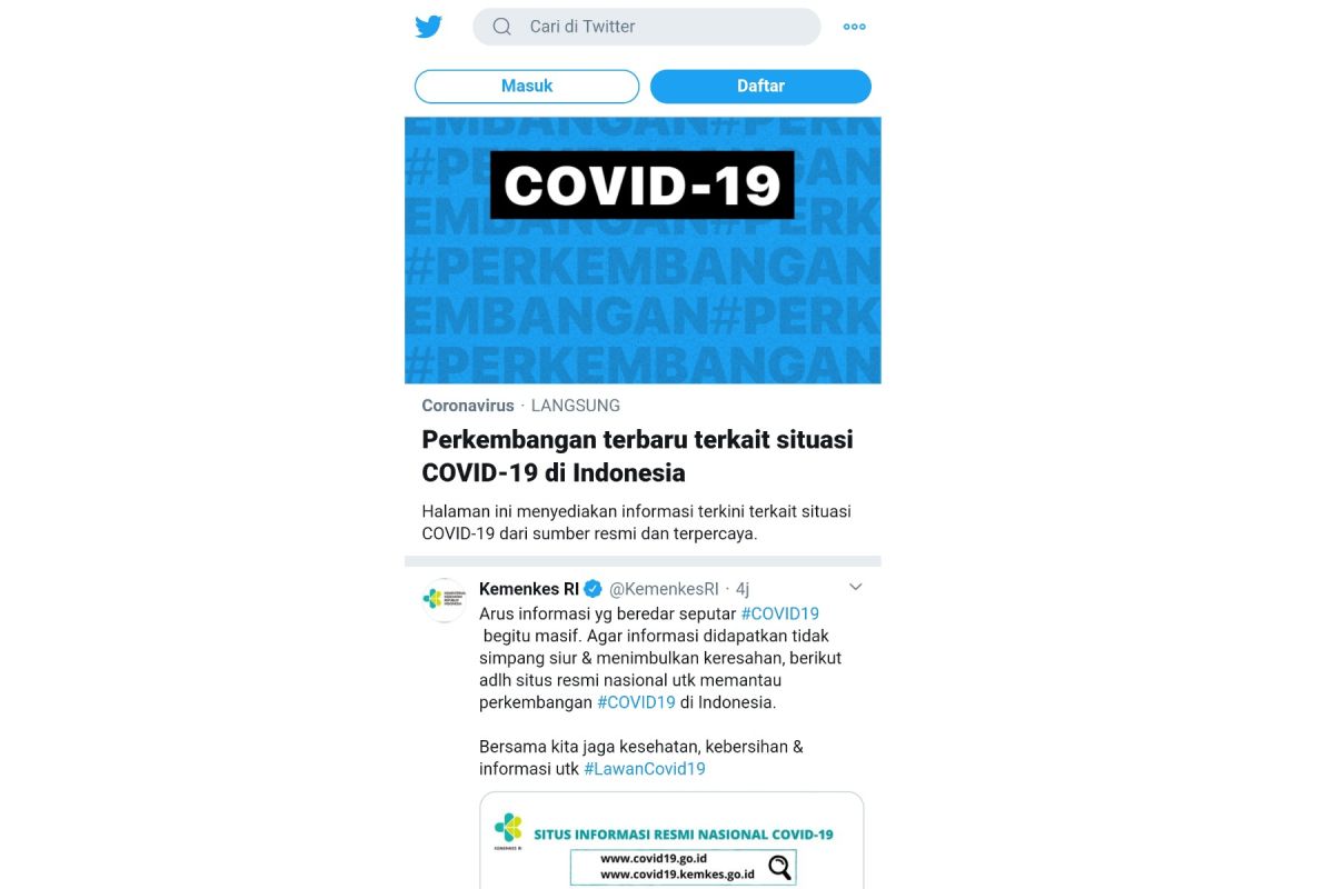 Twitter luncurkan "Event page" untuk virus corona