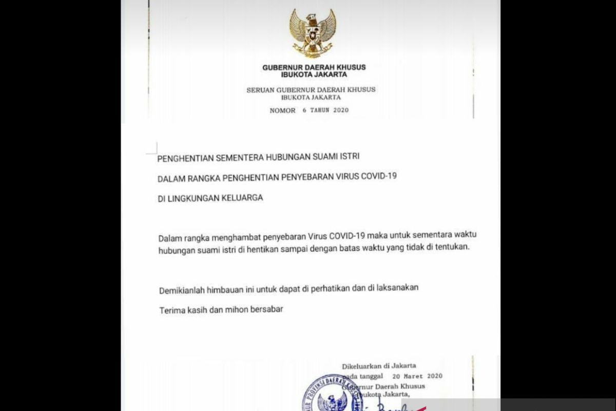 Hoaks, surat Gubernur DKI Jakarta tentang penghentian hubungan suami-istri terkait COVID-19