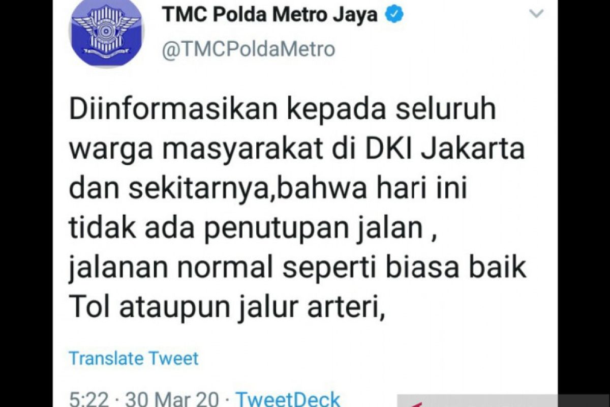 Polda Metro memastikan tidak ada penutupan jalan di Jakarta