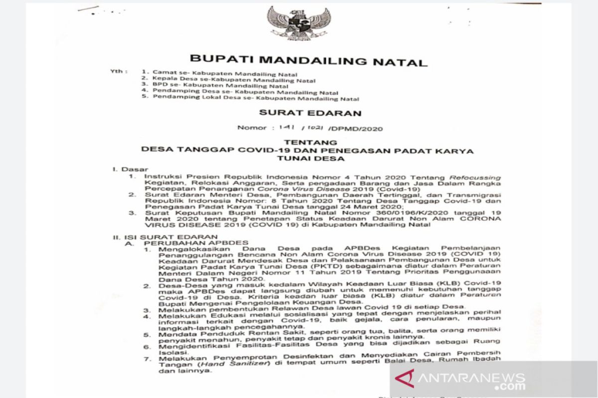 Bupati Madina terbitkan surat edaran Desa Tanggap COVID-19