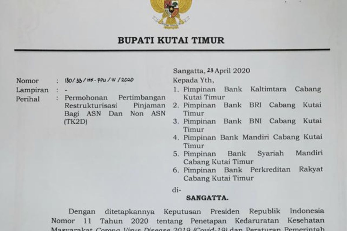 Bupati Kutai Timur minta perbankan tangguhkan pemotongan pinjaman ASN