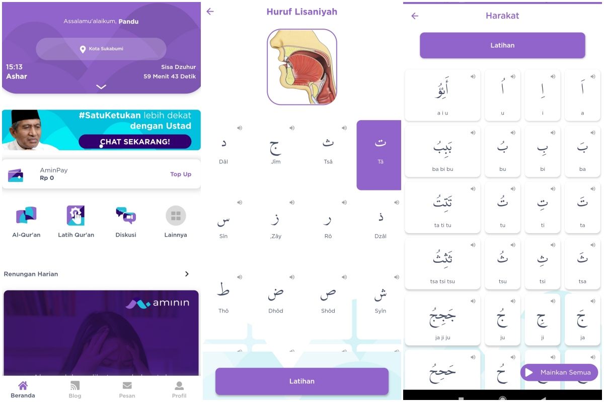 Belajar Al Quran dan hadits di aplikasi Aminin