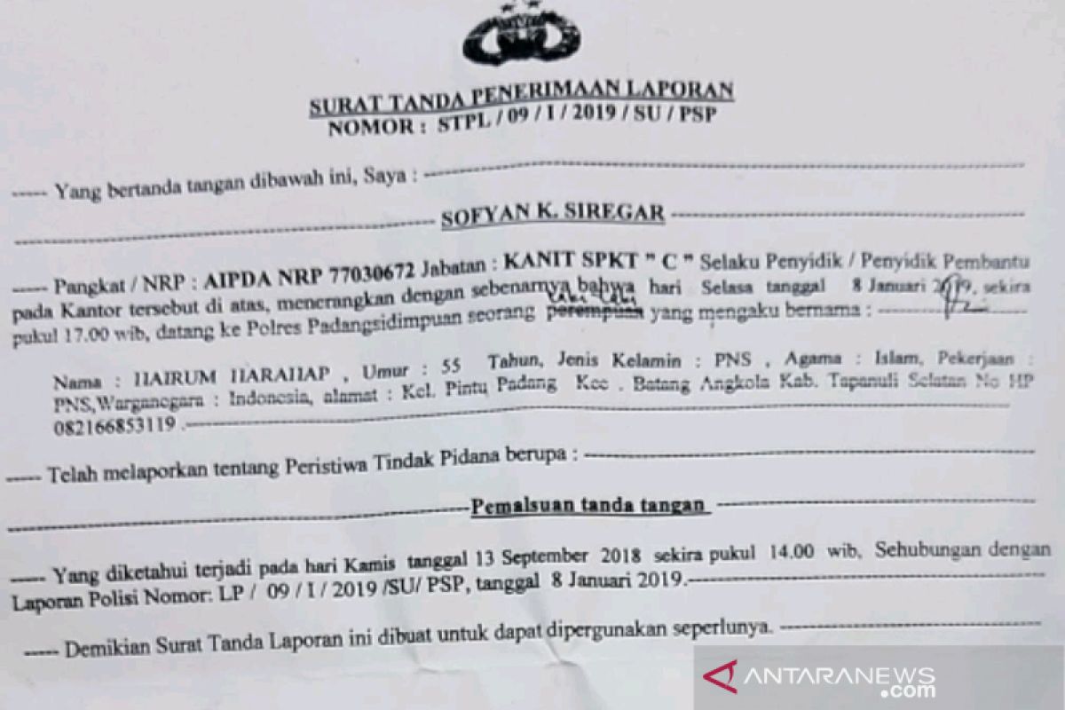 Palsukan tanda tangan, ASN Tapsel dilaporkan mantan suami ke Polres Padangsidimpuan