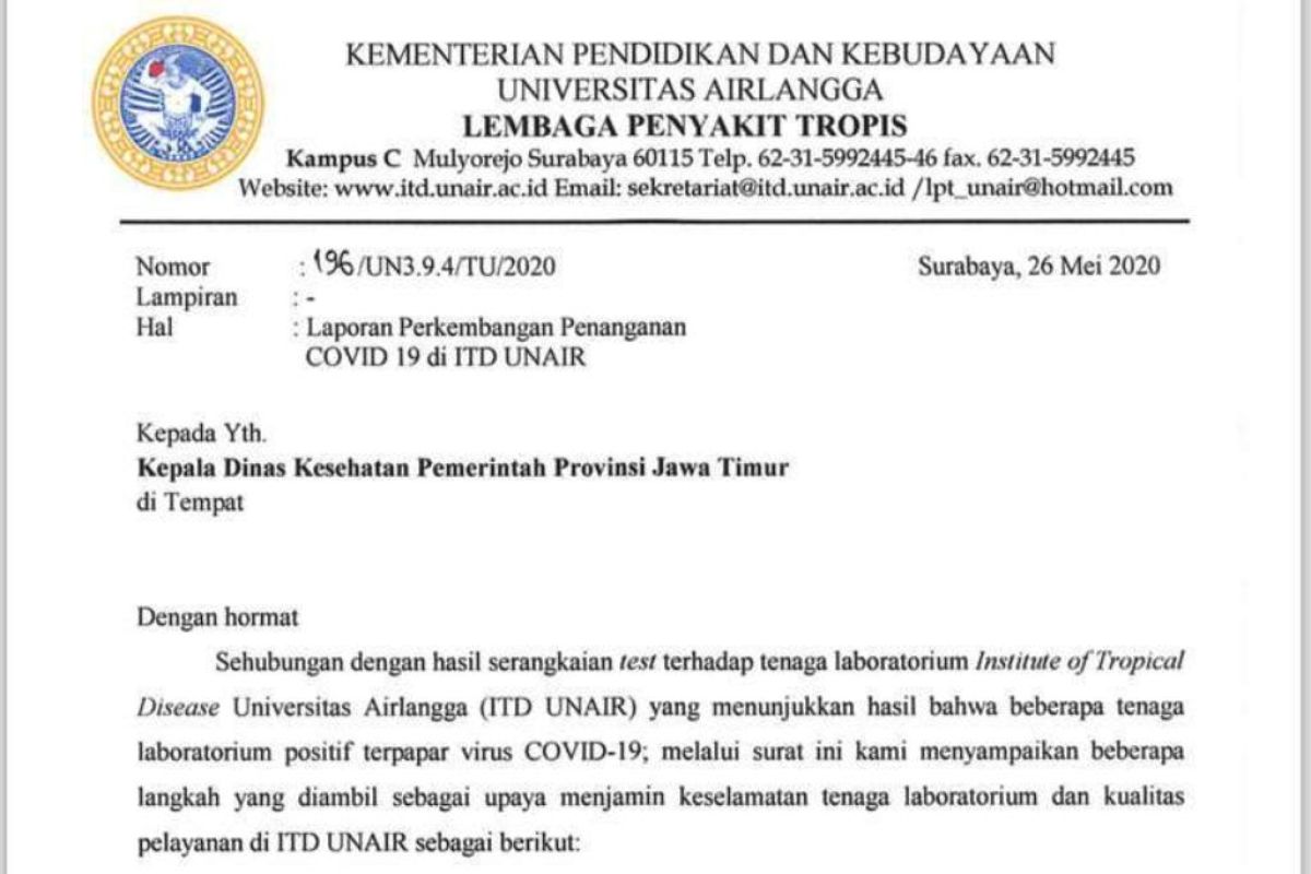 Surat terkait tenaga laboratorium ITD terpapar COVID-19 diakui Unair