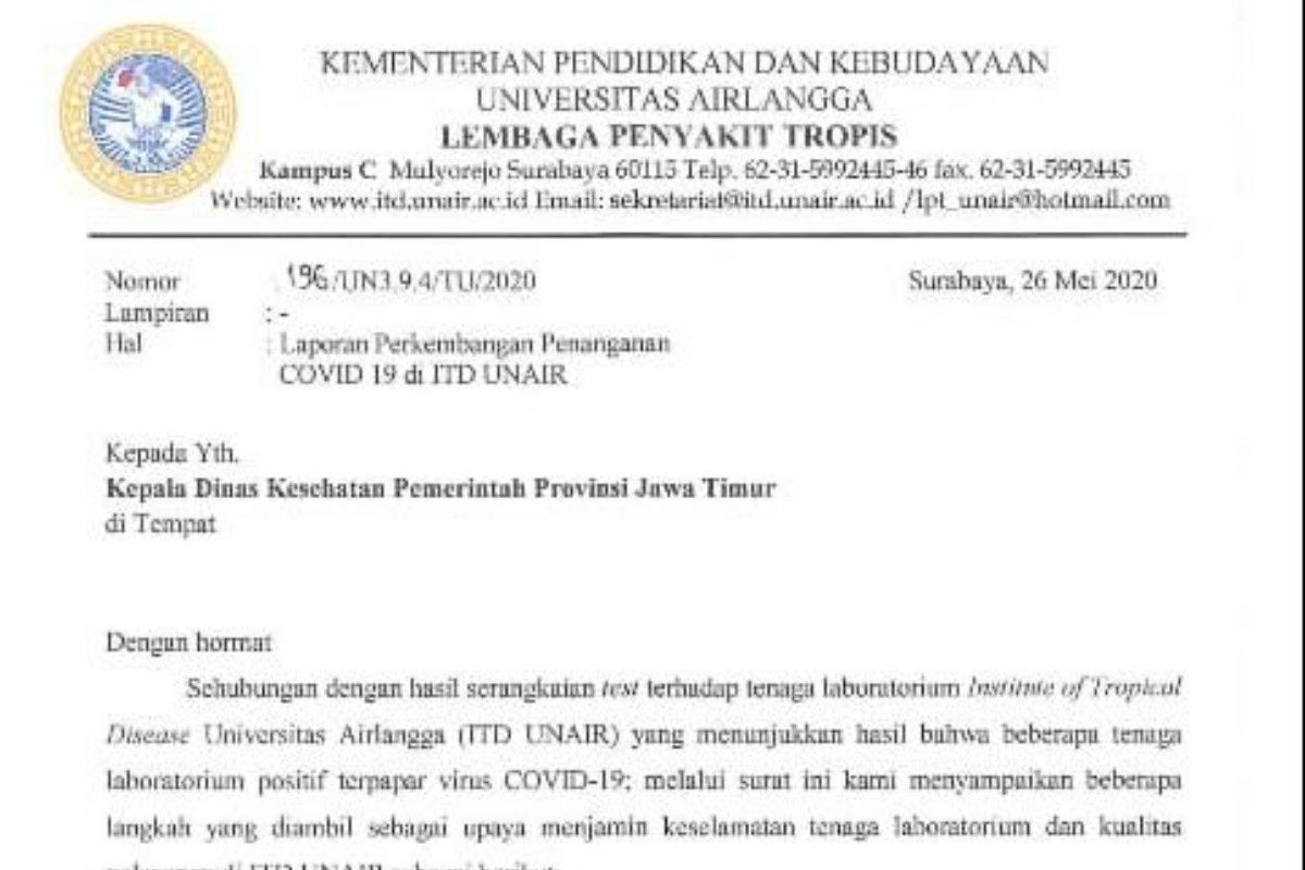 Unair benarkan surat terkait tenaga laboratorium ITD terpapar COVID-19