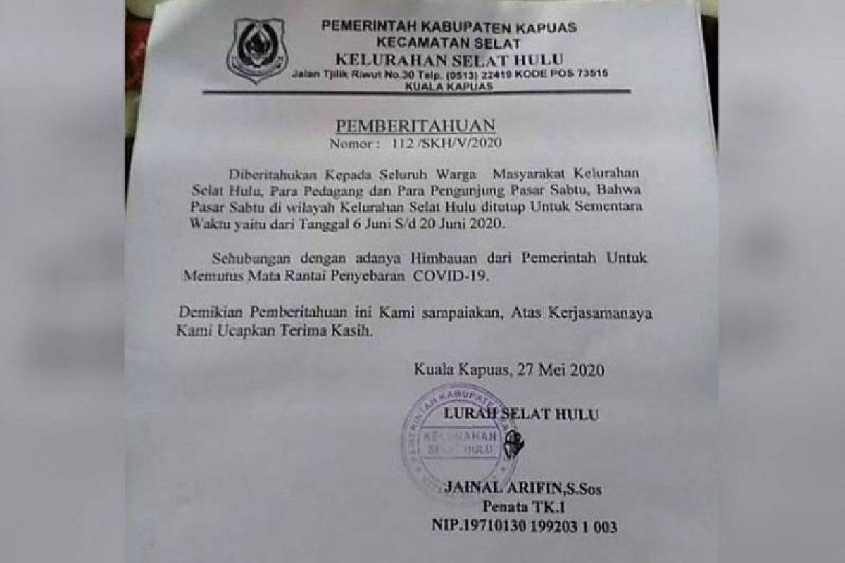 Pasar Sabtu di Kapuas bakal ditutup sementara