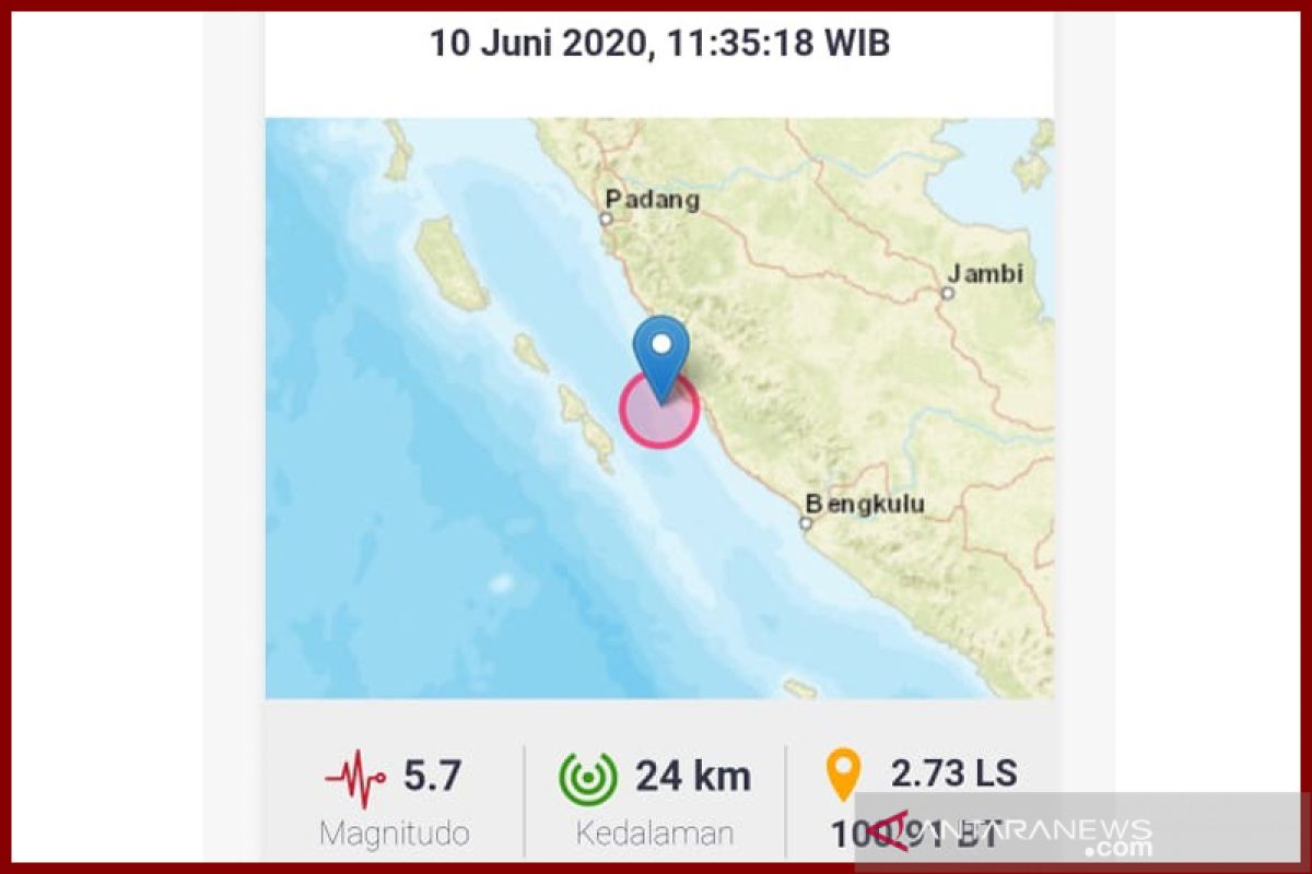 Gempa magnitudo 5,7 guncang Mukomuko Bengkulu