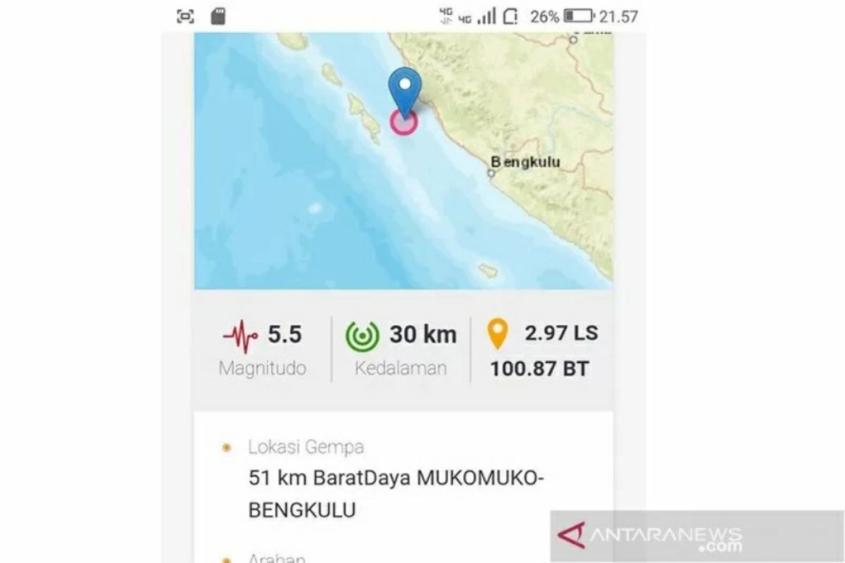 Gempa 5,7 SR di Mukomuko Bengkulu
