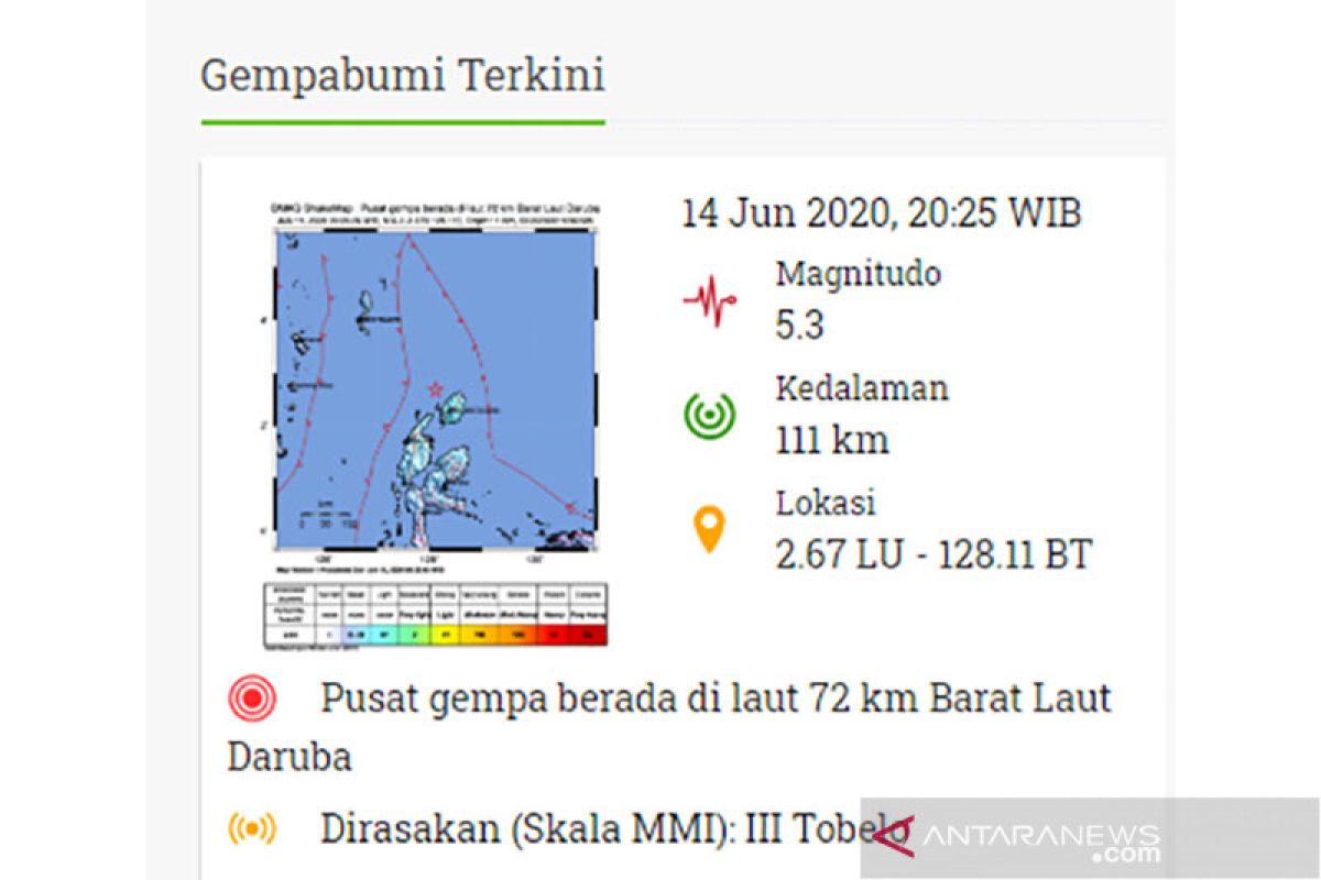 Gempa tektonik magnitudo 5,3 di Maluku Utara tak berpotensi tsunami